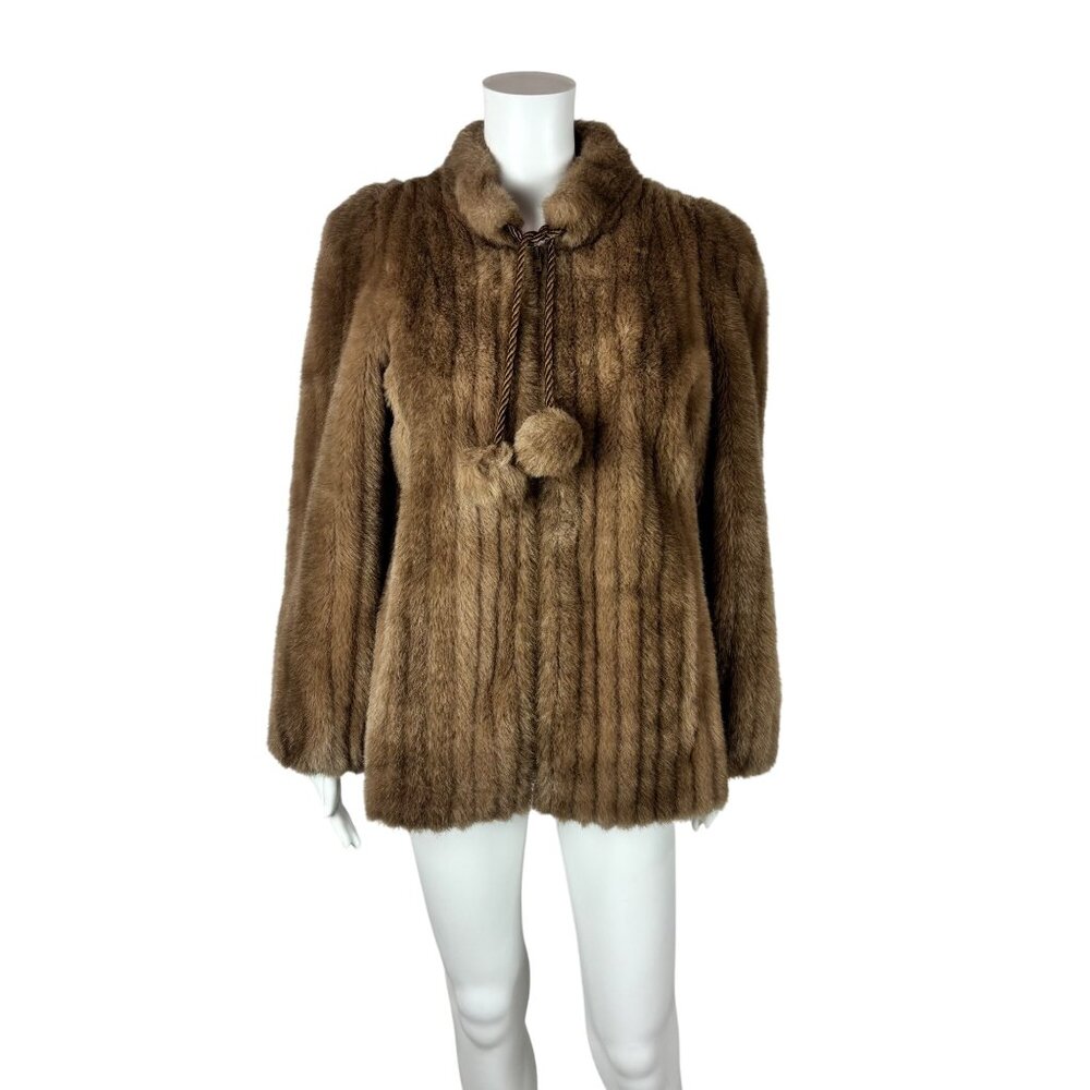 Vintage 60s Faux Fur Coat Womens Small Brown Glam Pom Pom Tie Short Jacket Sno-M
